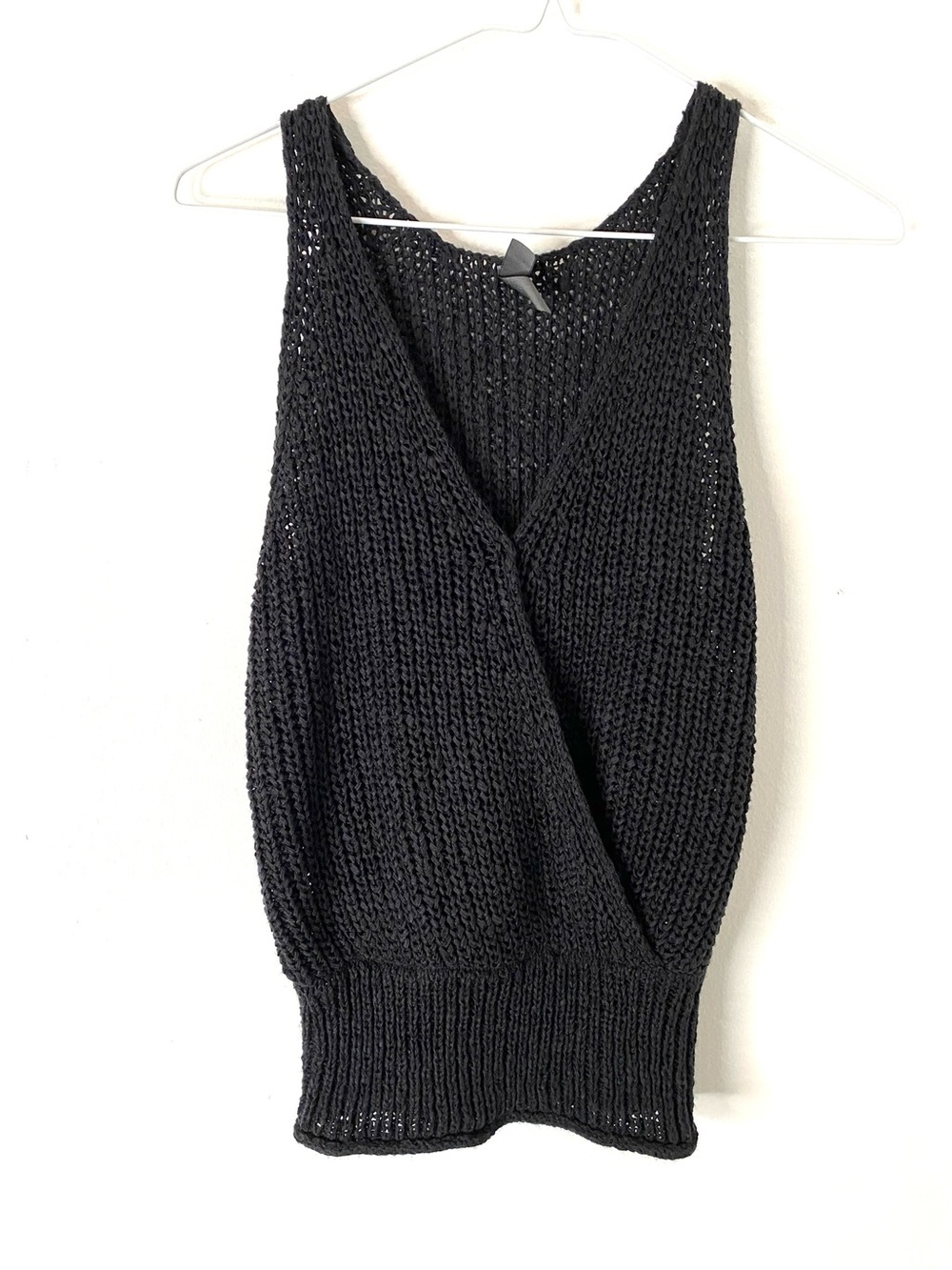 ALYA Black Open Knit Sleeveless Sweater Vest Deep V Neck Tunic Top